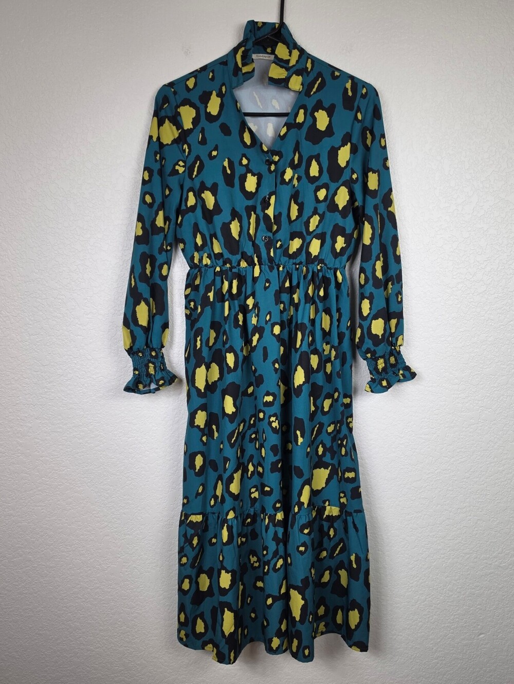 Anthropologie Sunday Up Teal Yellow Leopard Small Midi Dress